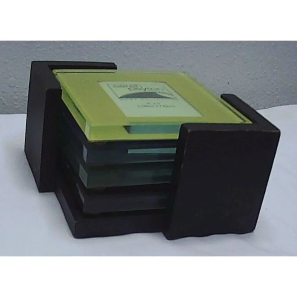 Sarah Peyton 4 Pack of Solid Glass Photo Coasters with Wooden Storage Rack